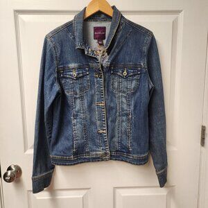 Gloria Vanderbilt, Full Length Distressed, Embroided Denim Jacket, Size Medium